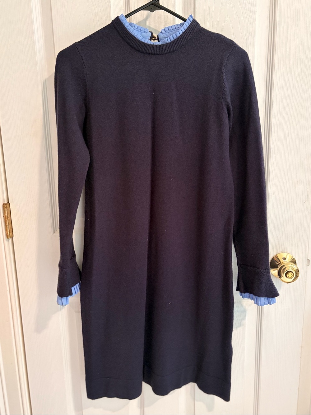 Vince Camuto Navy Knit Dress with Light Blue Ruffle Trim